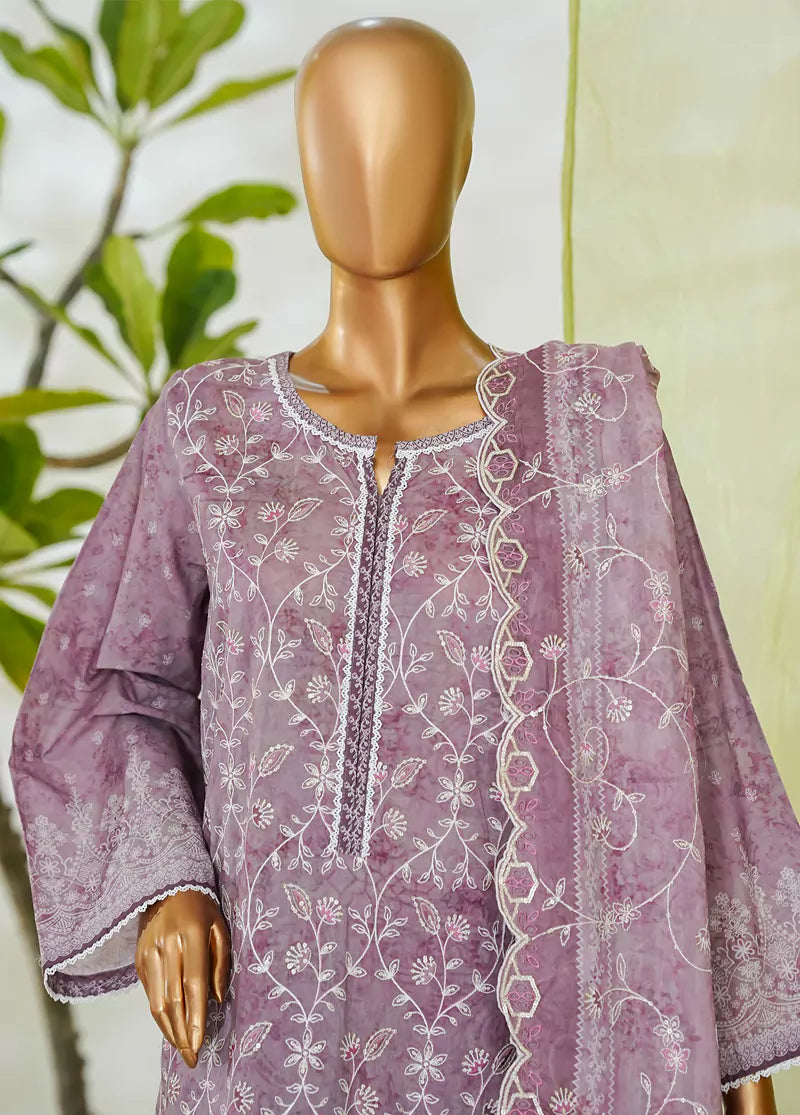 3 Piece Muave Color Embroidered Lawn Shirt with Embroidered Trouser & Dupatta