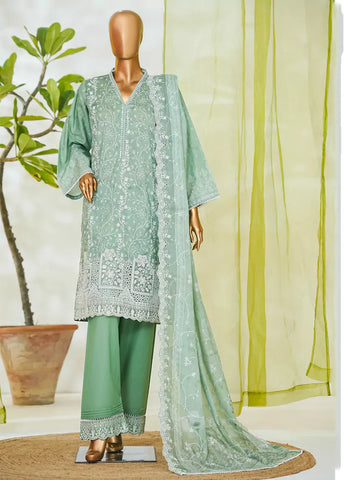 3 Piece Mint Green Color Embroidered Lawn Shirt with Embroidered Trouser & Dupatta