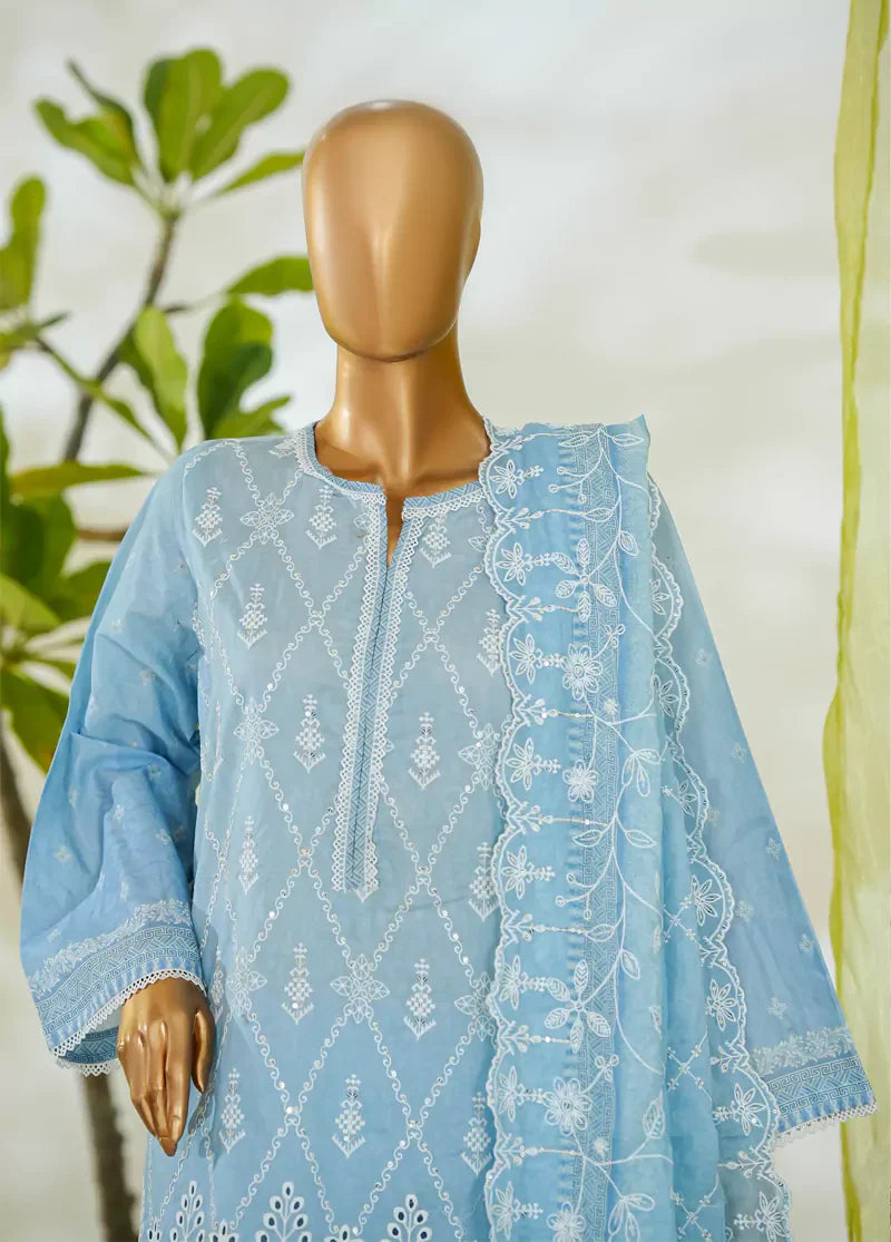 3 Piece Sky Blue Color Embroidered Lawn Shirt with Embroidered Trouser & Dupatta