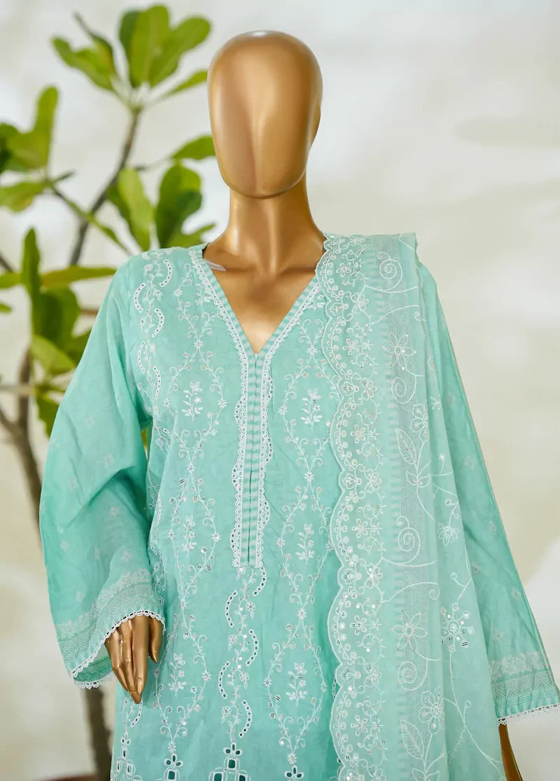 3 Piece Turquoise Color Embroidered Lawn Shirt with Embroidered Trouser & Dupatta