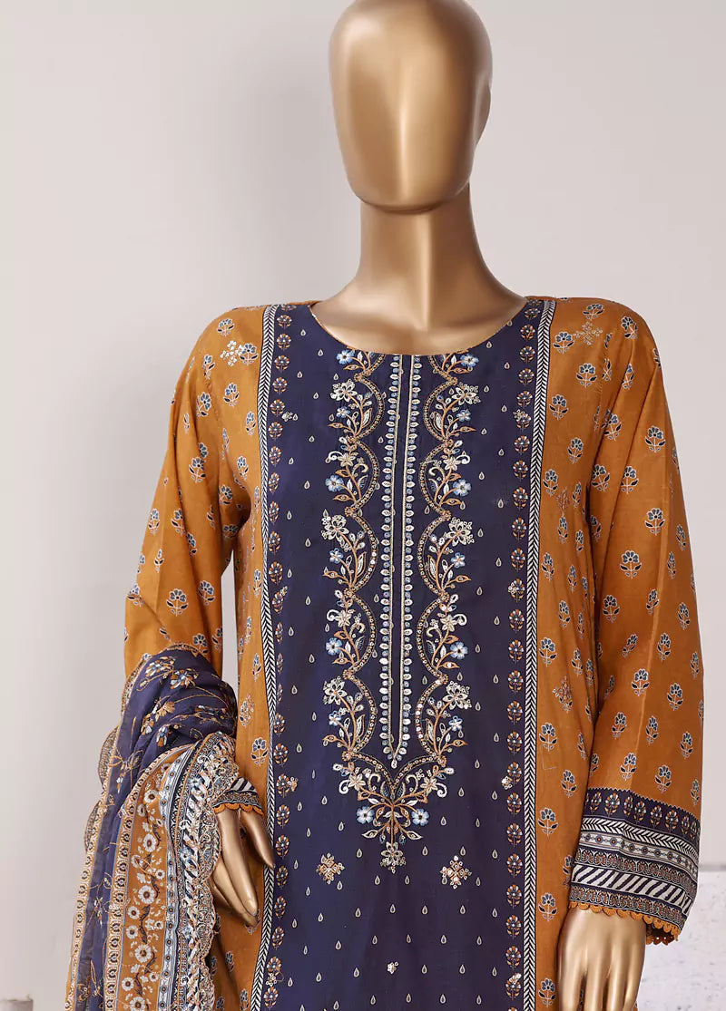 3 Piece Embroidered Navy Blue & Orange Color Lawn Shirt with Trouser & Embroidered Dupatta