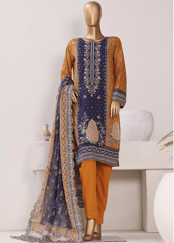 3 Piece Embroidered Navy Blue & Orange Color Lawn Shirt with Trouser & Embroidered Dupatta