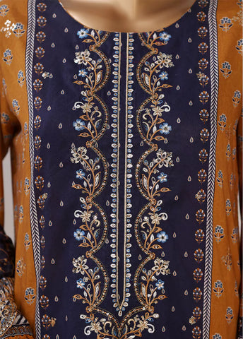 3 Piece Embroidered Navy Blue & Orange Color Lawn Shirt with Trouser & Embroidered Dupatta