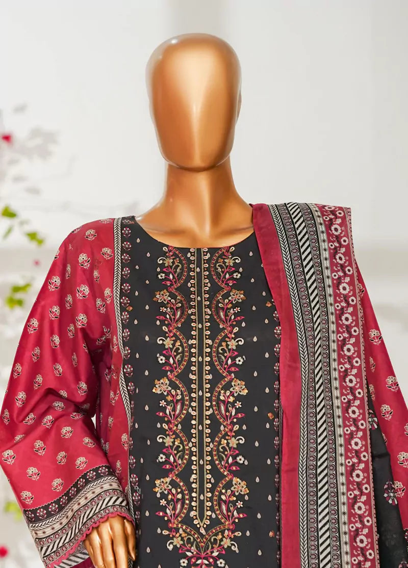 3 Piece Black & Pink Color Embroidered Lawn Shirt with Trouser & Dupatta