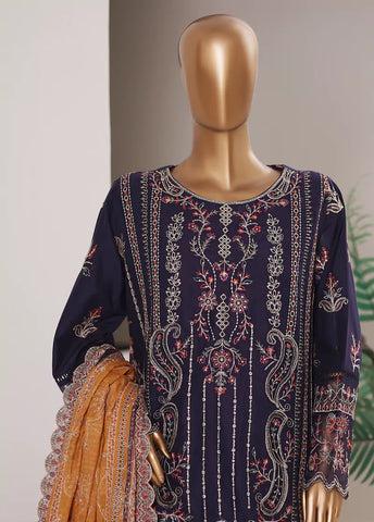 3 Piece Embroidered Navy Blue Color Lawn Shirt with Trouser & Embroidered Dupatta