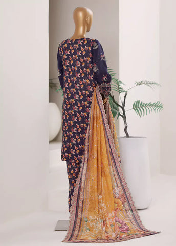 3 Piece Embroidered Navy Blue Color Lawn Shirt with Trouser & Embroidered Dupatta