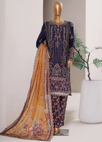 3 Piece Embroidered Navy Blue Color Lawn Shirt with Trouser & Embroidered Dupatta