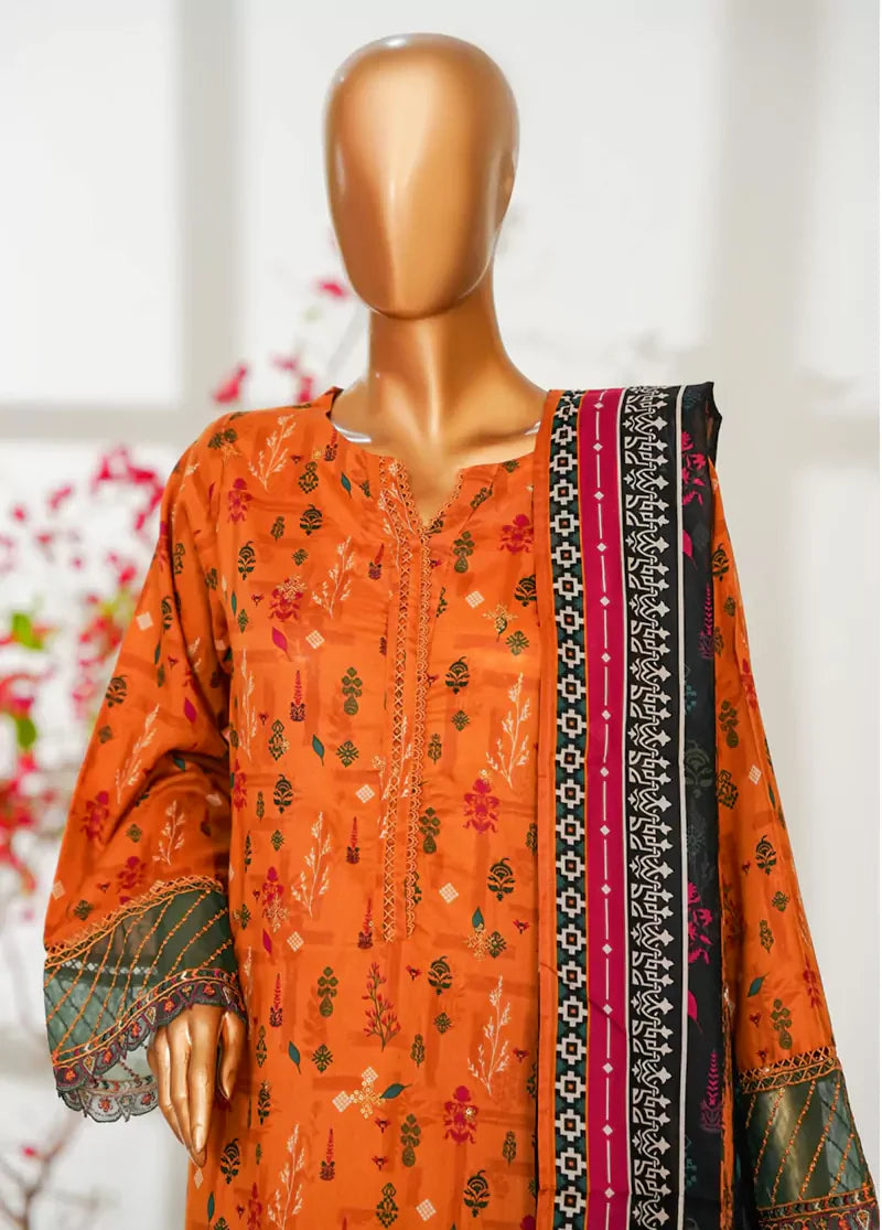 3 Piece Orange Color Embroidered Lawn Shirt with Trouser & Dupatta