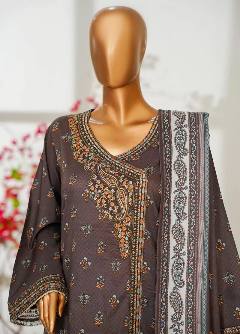 3 Piece Brown Color Embroidered Lawn Shirt with Trouser & Dupatta