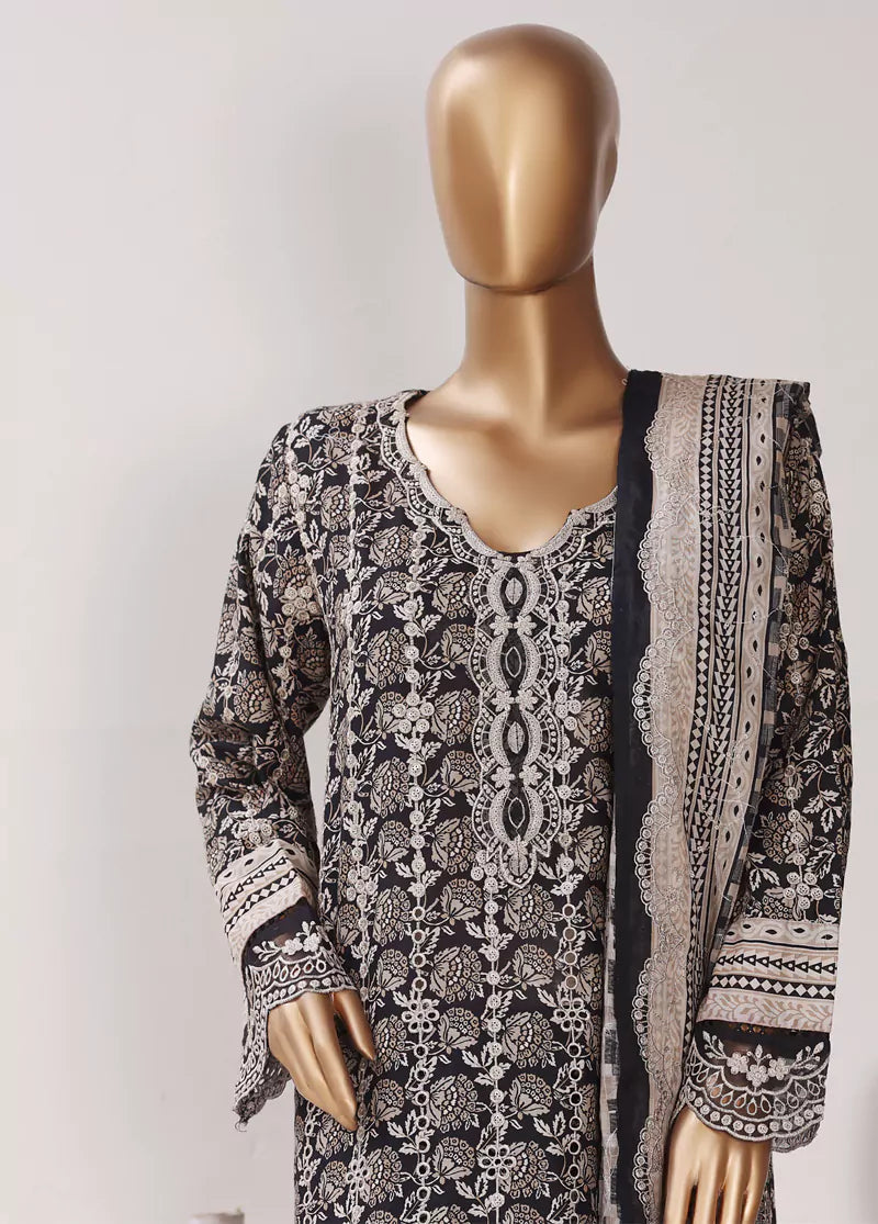 3 Piece Embroidered Black & Brown Color Lawn Shirt with Trouser & Embroidered Dupatta