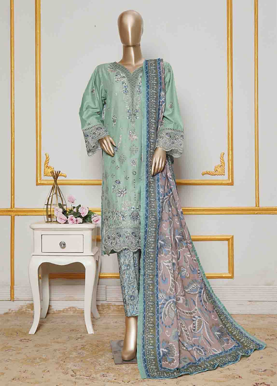 Bin Saeed Fabric - NSMC-0011- 3 Piece Cotton Embroidered Stitched Suit