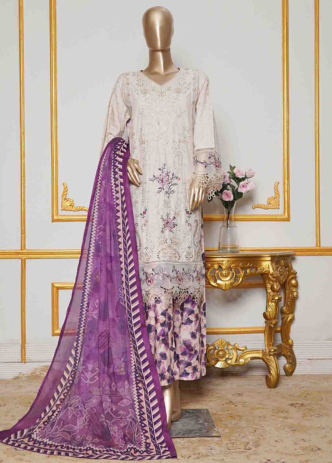 Bin Saeed Fabric - NSMC-0163- 3 Piece Cotton Embroidered Stitched Suit