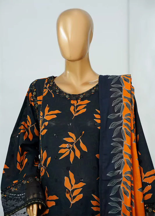 3 Piece Black & Orange Color Embroidered Lawn Frock withTrouser & Dupatta
