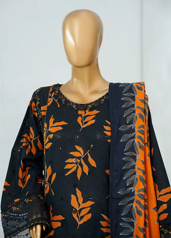 3 Piece Black & Orange Color Embroidered Lawn Frock withTrouser & Dupatta