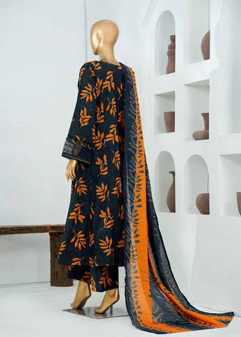 3 Piece Black & Orange Color Embroidered Lawn Frock withTrouser & Dupatta