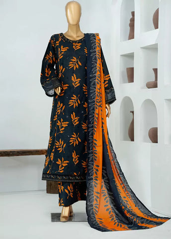 3 Piece Black & Orange Color Embroidered Lawn Frock withTrouser & Dupatta