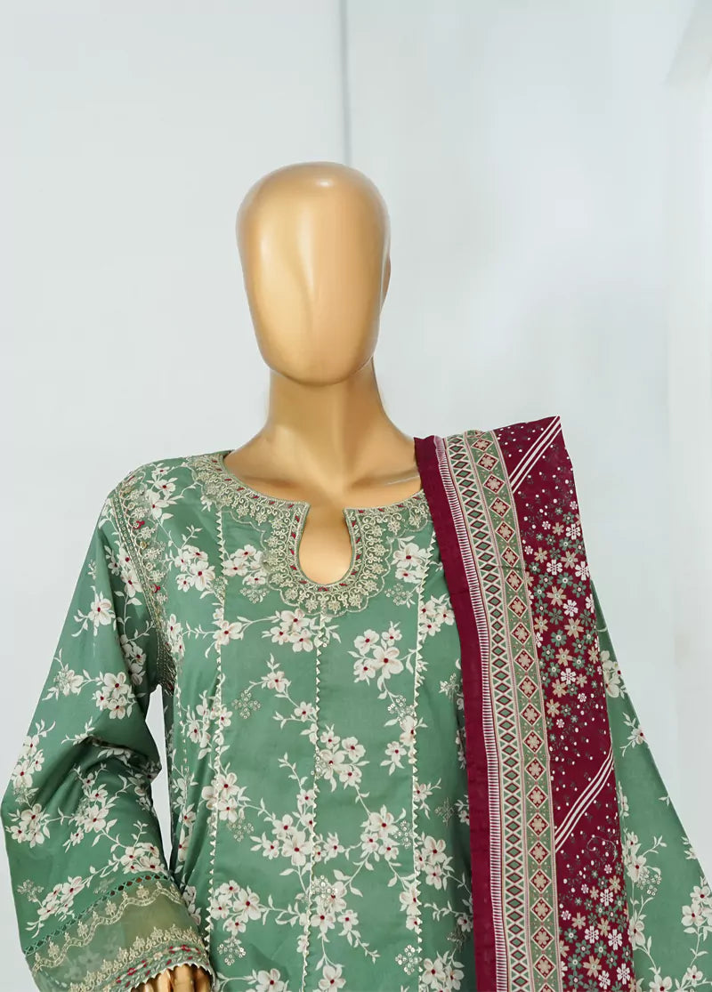 3 Piece Seafoam Green Color Embroidered Lawn Frock withTrouser & Dupatta
