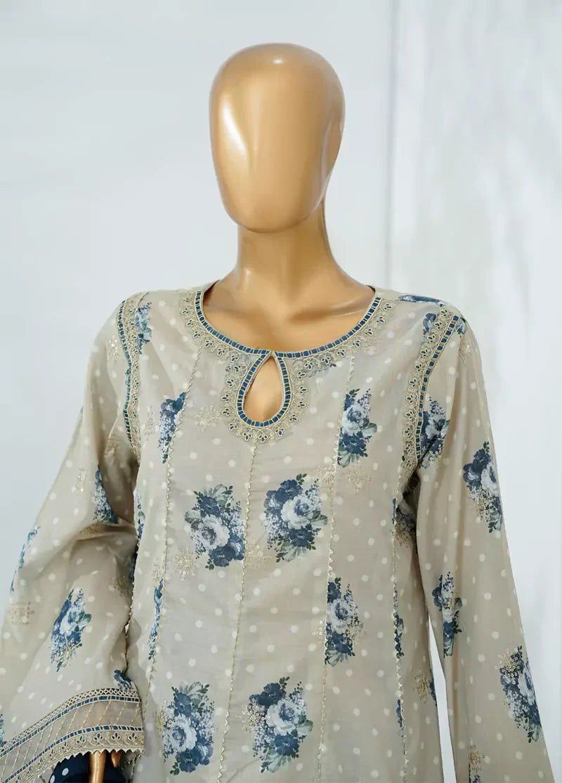 3 Piece Ivory Color Embroidered Lawn Frock withTrouser & Dupatta