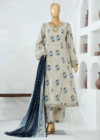 3 Piece Ivory Color Embroidered Lawn Frock withTrouser & Dupatta