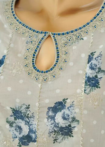 3 Piece Ivory Color Embroidered Lawn Frock withTrouser & Dupatta