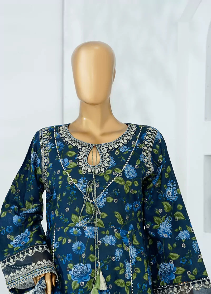 3 Piece Navy Blue Color Embroidered Lawn Frock withTrouser & Dupatta
