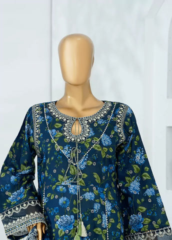 3 Piece Navy Blue Color Embroidered Lawn Frock withTrouser & Dupatta