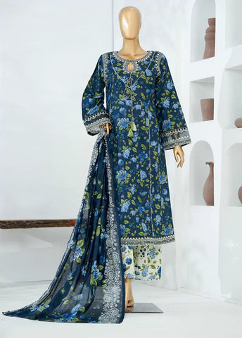 3 Piece Navy Blue Color Embroidered Lawn Frock withTrouser & Dupatta
