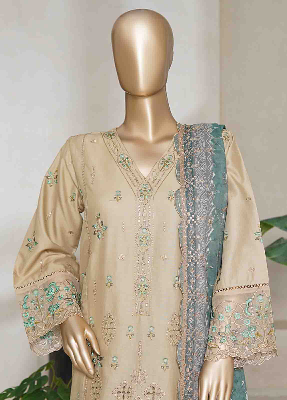 Bin Saeed Fabric - NSMED-0027- 3 Piece Cotton Embroidered Stitched Suit