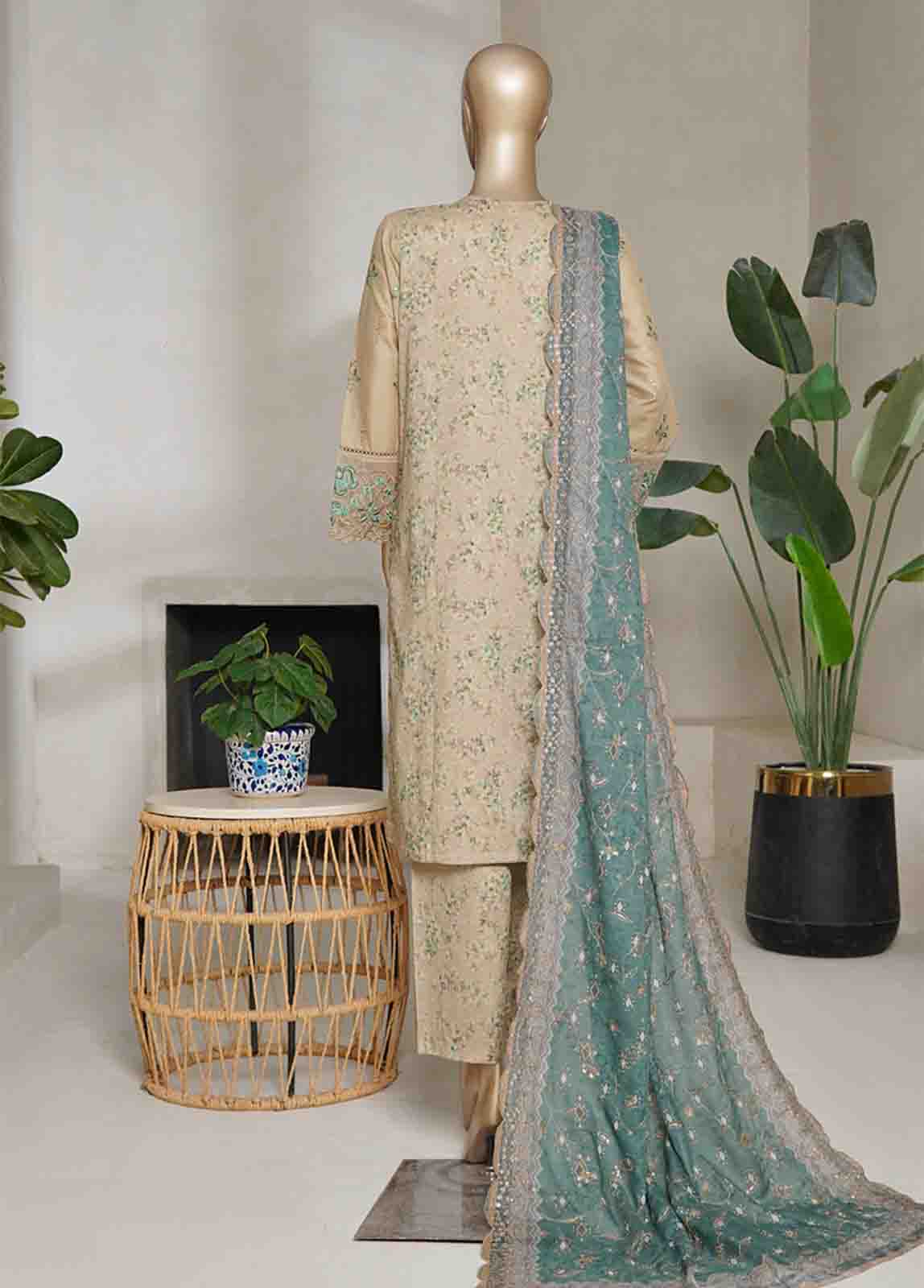 Bin Saeed Fabric - NSMED-0027- 3 Piece Cotton Embroidered Stitched Suit