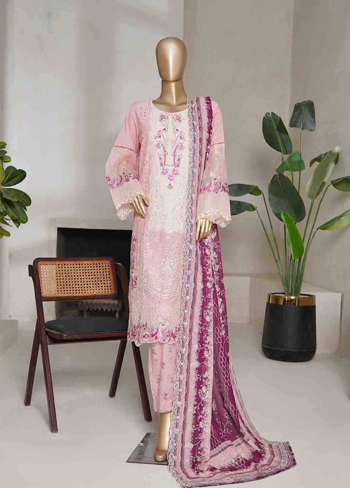 Bin Saeed Fabric - NSMED-0040- 3 Piece Cotton Embroidered Stitched Suit