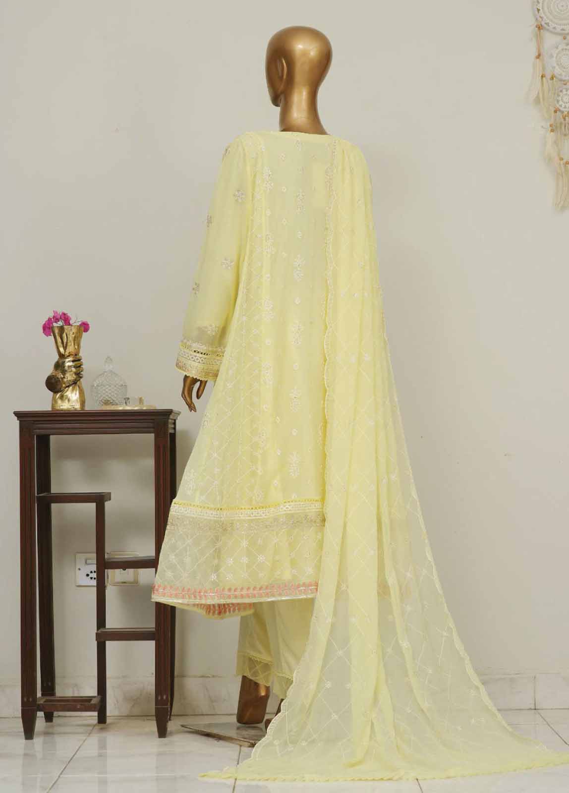 Bin Saeed Fabric - OMSC-014 M- 3 Piece Frock Style Chiffon Stitched Suit