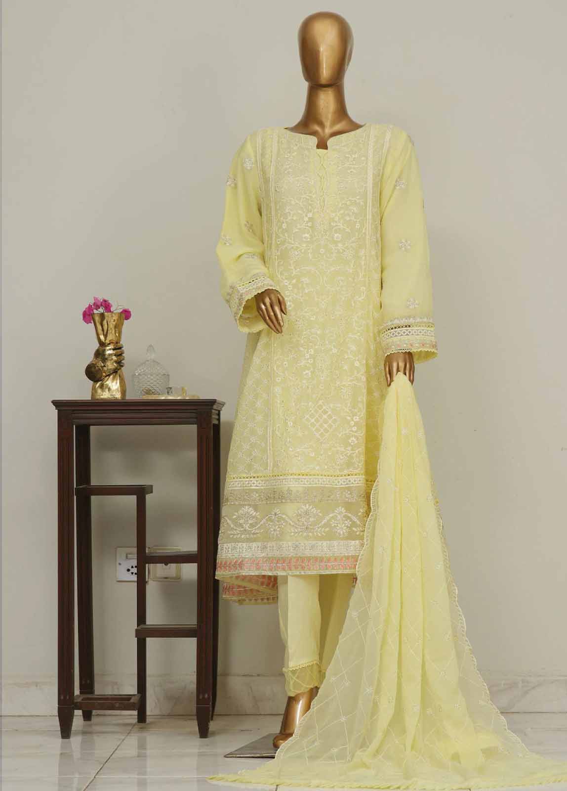 Bin Saeed Fabric - OMSC-014 M- 3 Piece Frock Style Chiffon Stitched Suit
