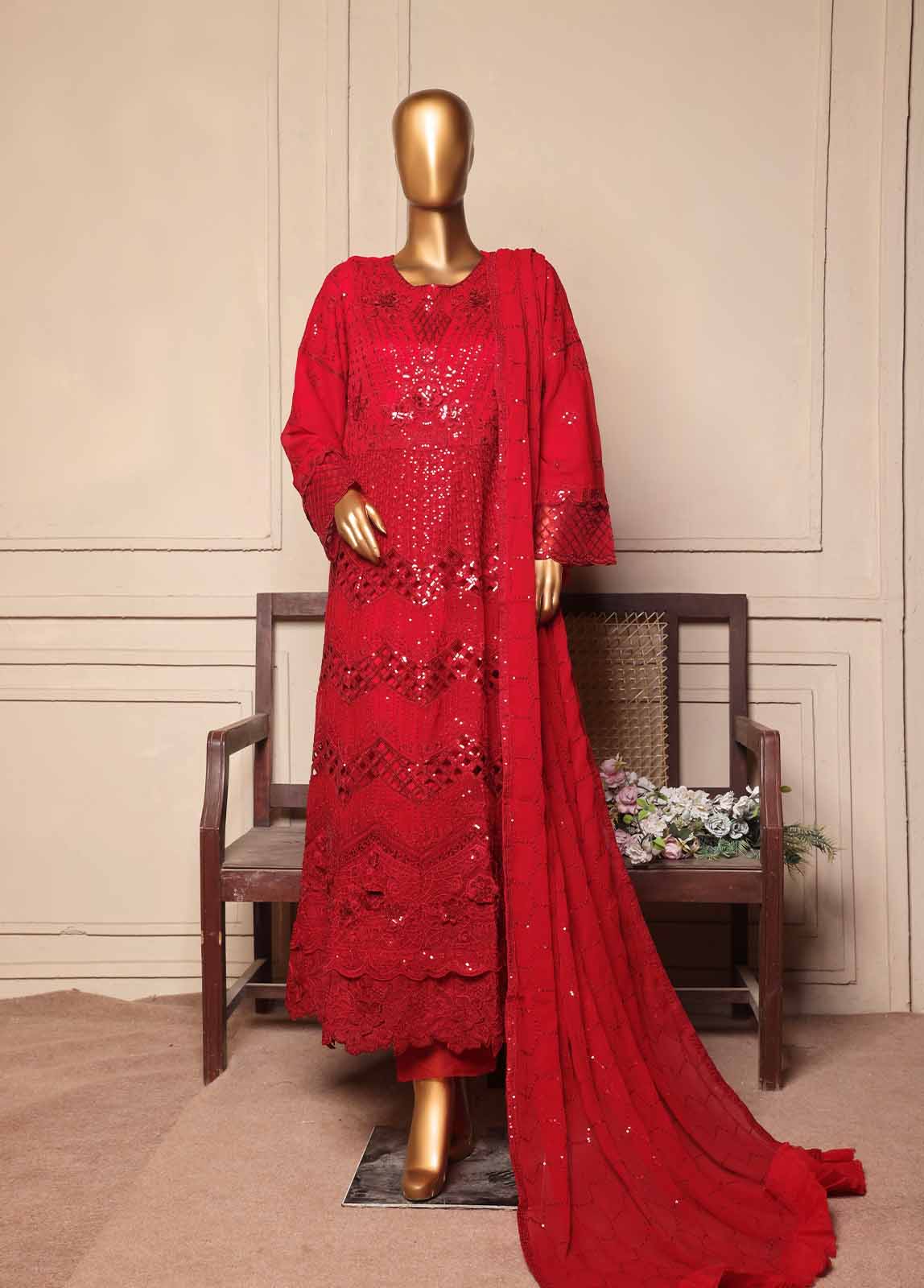 OMSC-FR-015 R55-3 Piece Luxury Embroidered Frock Style Suit