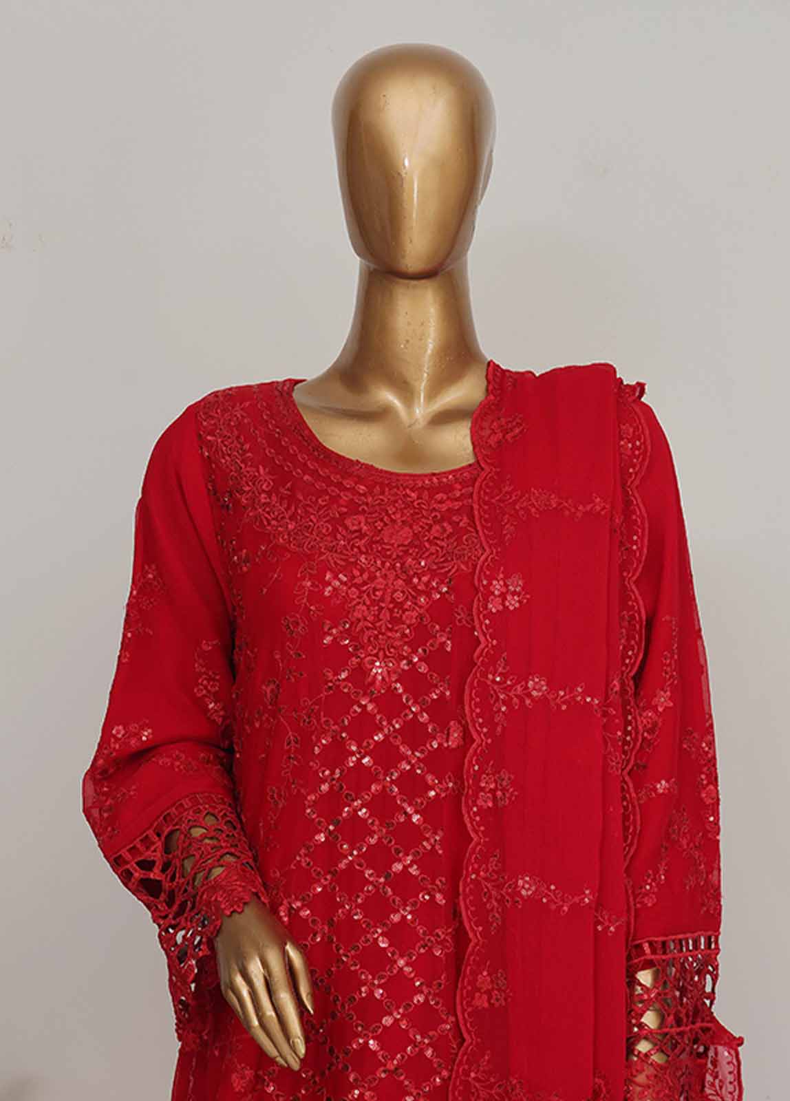 Bin Saeed Fabric - OMSC-015 M- 3 Piece Frock Style Chiffon Stitched Suit