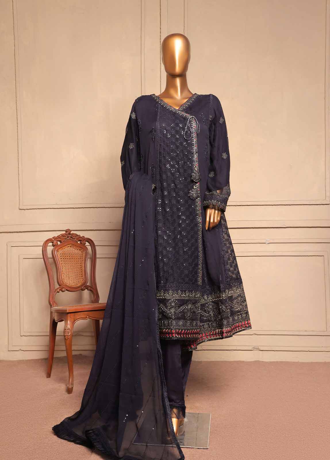 Bin Saeed Fabric - OMSC-FR-015 B R55-3 Piece Luxury Embroidered Frock Style Suit