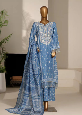 3 Piece Blue Color Embroidered Lawn Shirt with Trouser & Dupatta