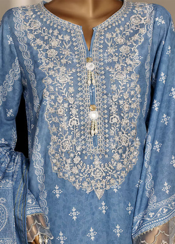 3 Piece Blue Color Embroidered Lawn Shirt with Trouser & Dupatta