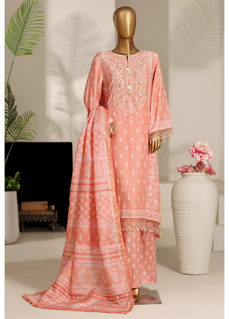 3 Piece Peach Color Embroidered Lawn Shirt with Trouser & Dupatta