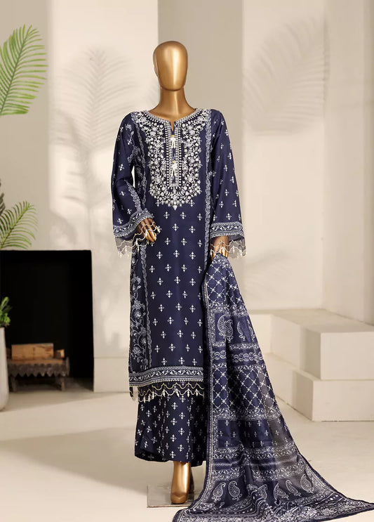 3 Piece Navy Blue Color Embroidered Lawn Shirt with Trouser & Dupatta