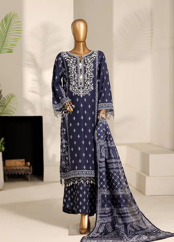 3 Piece Navy Blue Color Embroidered Lawn Shirt with Trouser & Dupatta