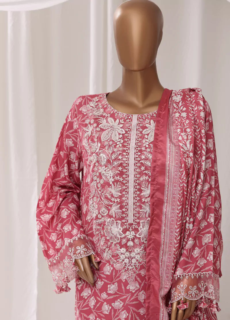 3 Piece Embroidred Stitched Watermelon Pink Color Light Viscose Suit with Trouser & Dupatta