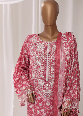 3 Piece Embroidred Stitched Watermelon Pink Color Light Viscose Suit with Trouser & Dupatta