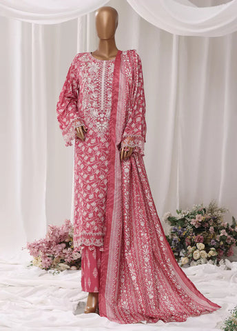 3 Piece Embroidred Stitched Watermelon Pink Color Light Viscose Suit with Trouser & Dupatta