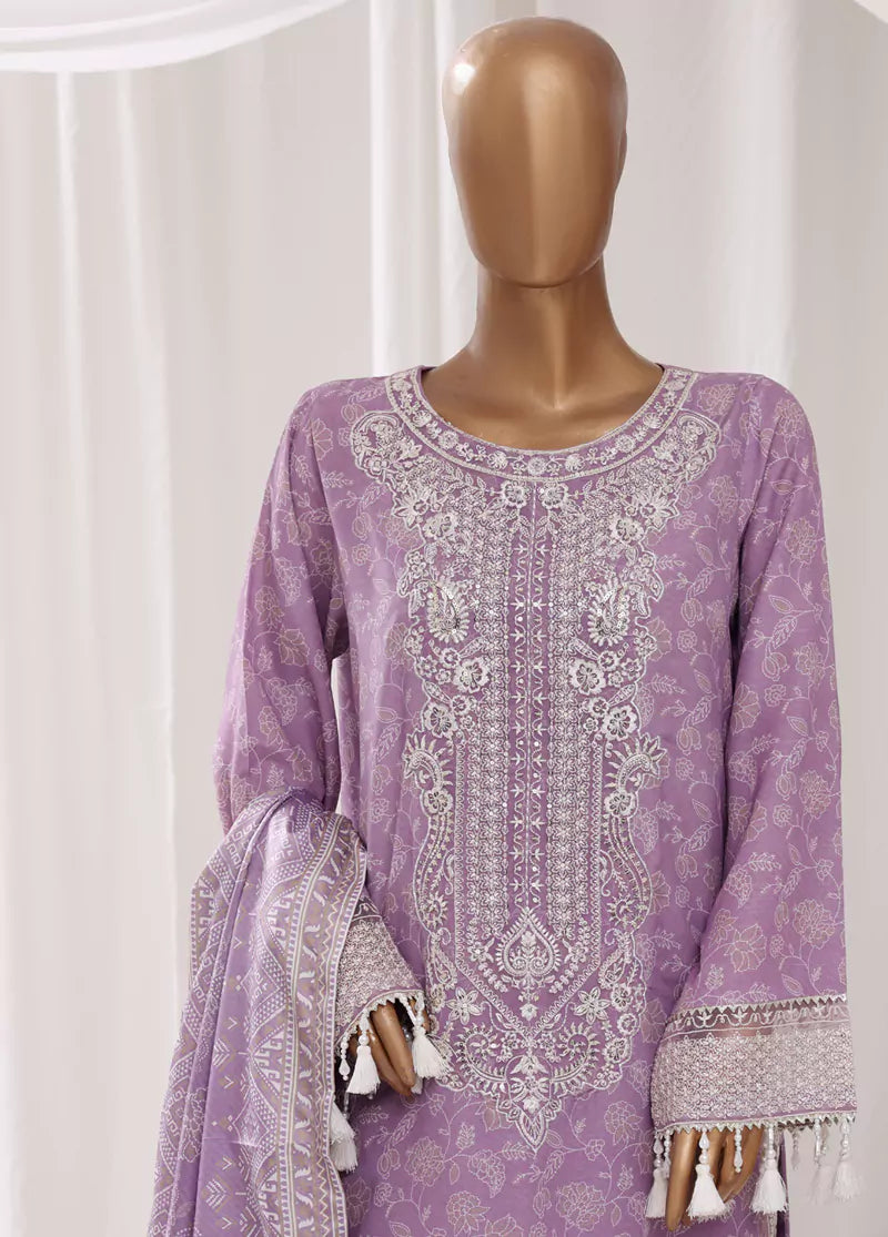 3 Piece Embroidred Stitched Lilac Color Light Viscose Suit with Trouser & Dupatta
