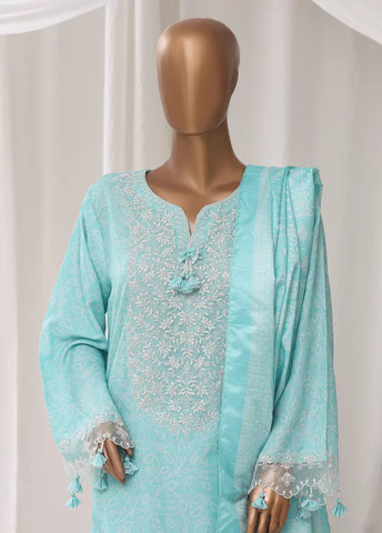 3 Piece Embroidred Stitched Aqua Blue Color Light Viscose Suit with Trouser & Dupatta