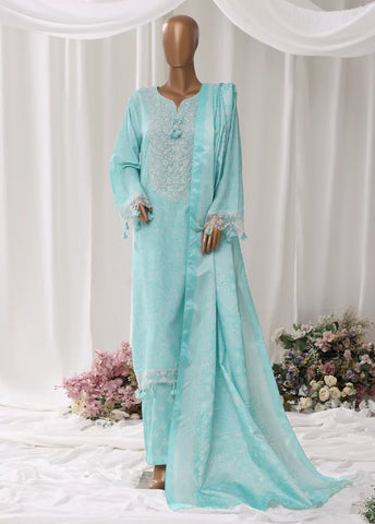 3 Piece Embroidred Stitched Aqua Blue Color Light Viscose Suit with Trouser & Dupatta
