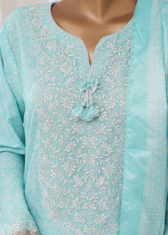 3 Piece Embroidred Stitched Aqua Blue Color Light Viscose Suit with Trouser & Dupatta