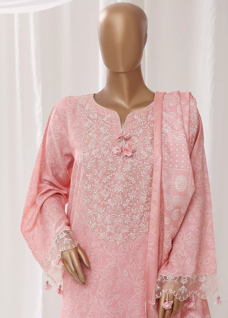 3 Piece Embroidred Stitched Peach Color Light Viscose Suit with Trouser & Dupatta