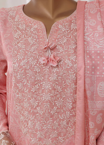 3 Piece Embroidred Stitched Peach Color Light Viscose Suit with Trouser & Dupatta