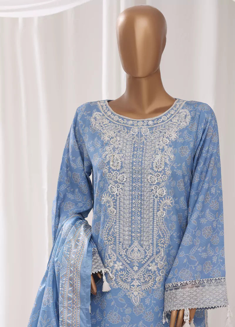 3 Piece Embroidred Stitched Blue Color Light Viscose Suit with Trouser & Dupatta